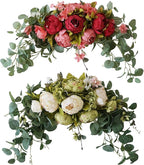 30 Inch Artificial Peony Flower Swag, Decorative Floral Swag with Fake Peonies Hydrangeas Eucalyptus Leaves Handmade Garland Wreath for Wedding Party Home Decor(Red)