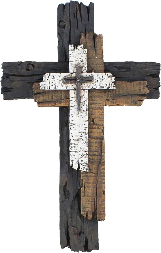 Top Brass Decorative Wall Cross - Rustic Multi Layered Weathered Wood Look Spiritual Art Sculpture