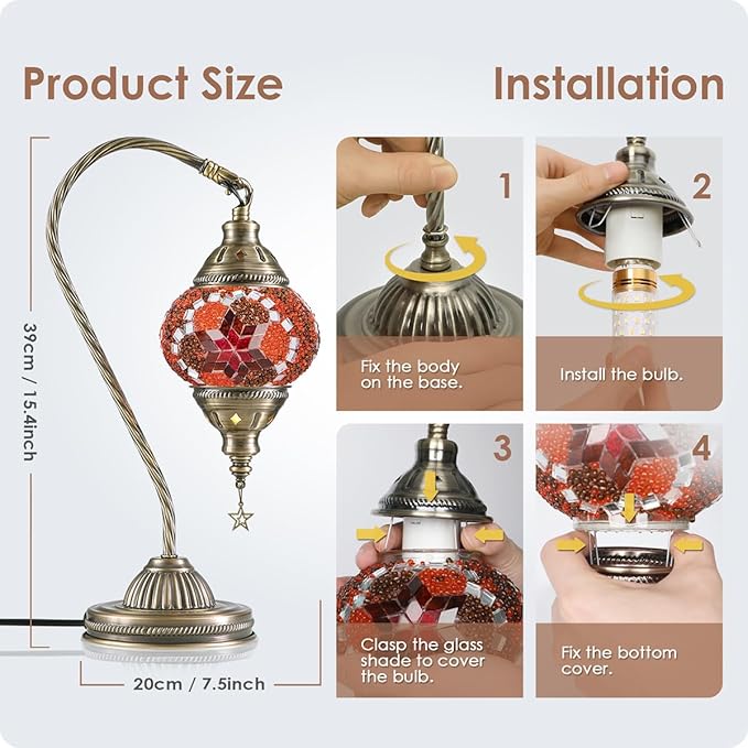 Yarra-Decor Turkish Moroccan Lamp with Bronze Base 3-Way Color Changing Handmade Swan Neck Tiffany Mosaic Glass Bedside Lamps for Bedroom (LED Bulb Included) (Red2)