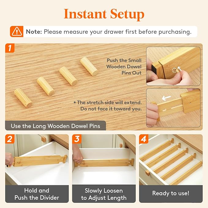 Lifewit 2.4" High 6 Pack Bamboo Drawer Dividers 45-55cm/17.5-22" Adjustable Wooden Drawer Organizer for Clothes/Utensils, Expandable Drawer Separator for Dresser/Kitchen/Bedroom/Office Organization