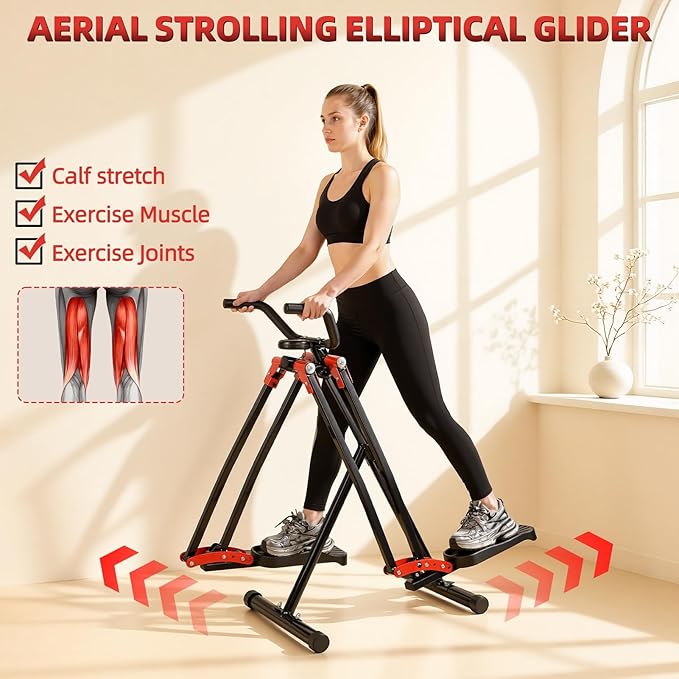 Space Walker Exercise Machine - Air Walker Elliptical Trainer Foldable Low-Impact Cardio Trainer with LCD Monitor, Extended Stride & Non-Slip Pedals for Home Gym
