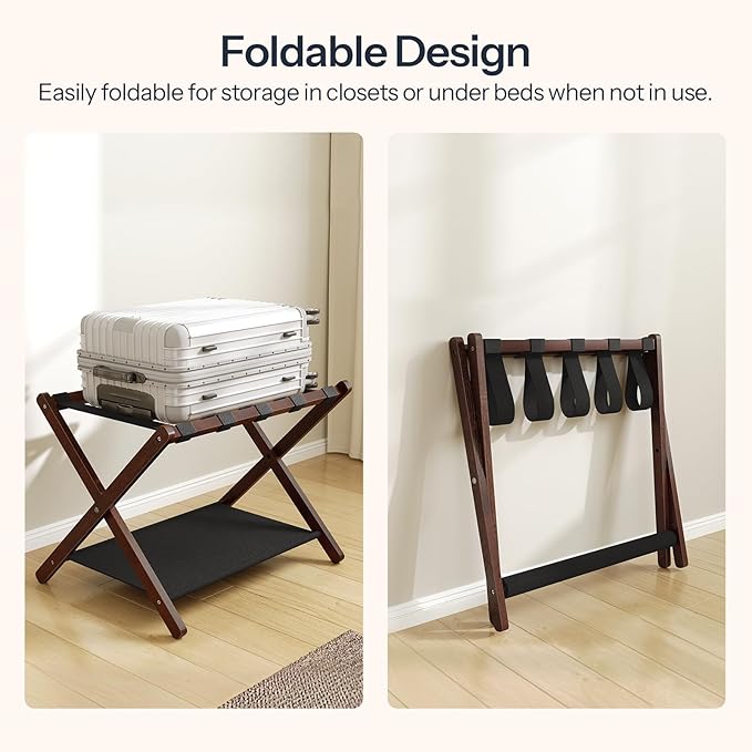 HOOBRO Luggage Rack, Bamboo Suitcase Stand, Folding Luggage Holder, with Nylon Straps and Oxford Fabric Shelf, for Guest Room, Hotel, Bedroom, Brown and Black BR17XL01G1
