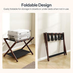 HOOBRO Luggage Rack, Bamboo Suitcase Stand, Folding Luggage Holder, with Nylon Straps and Oxford Fabric Shelf, for Guest Room, Hotel, Bedroom, Brown and Black BR17XL01G1