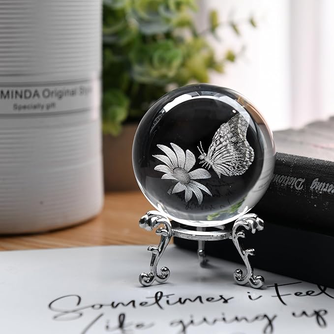 IFOLAINA 3D Butterfly Crystal Ball 60mm Gifts Ideas for Girlfriend Wife Mom Couple Her Butterfly on Sunflower in Glass Ball with Stand Flower Sphere Novelty Home Decor