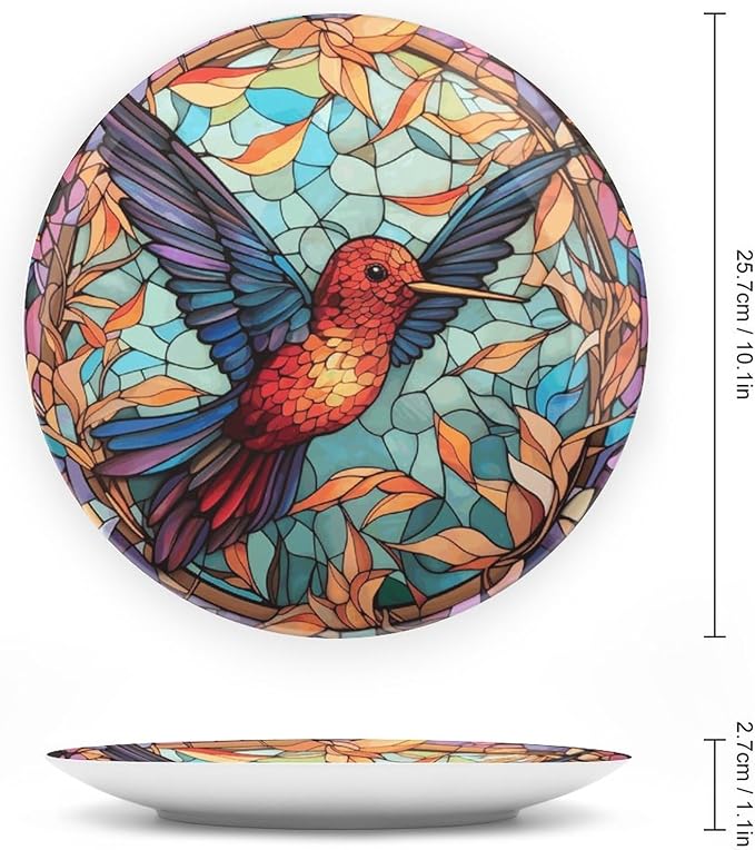 Decorative Plates for Home Decor, Colorful Stained Glass Design Hummingbird Decor Tray for Table Display, Ceramic Dinner Plate W/Stand, Living Room Decor, Gifts for Hummingbird Lovers, 10 Inch