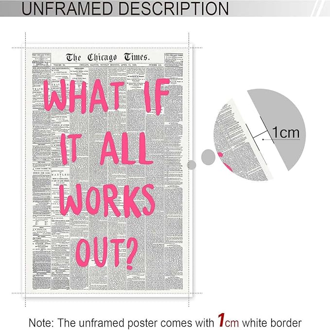 Drimiler What If It All Works Out Poster Retro Newspaper Pink Font Canvas Wall Art Positive Affirming Quote Minimalist Prints Painting For Home Bedroom Dorm Wall Decor 8x12in Unframed