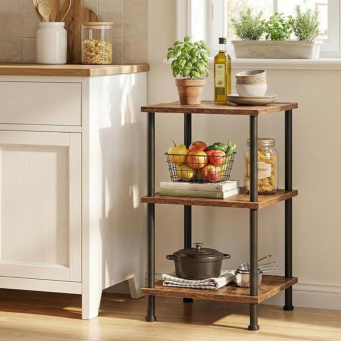 HOOBRO 3-Tier Corner Shelf Stand, Corner Square Rack Display Shelf, Tall Storage Plant Stand, Bookcase for Small Spaces, Living Room, Home Office, Kitchen, Rustic Brown and Black BF153CJ01