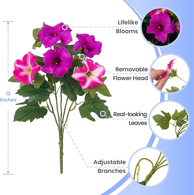 6 Pcs Artificial Petunia Flowers for Outdoor, Fake Spring Petunias Faux Silk Flowers for Outdoors UV Resistant Plants for Planters Garden Porch Patio Window Box Indoor Table Decor(Fuchsia Purple)