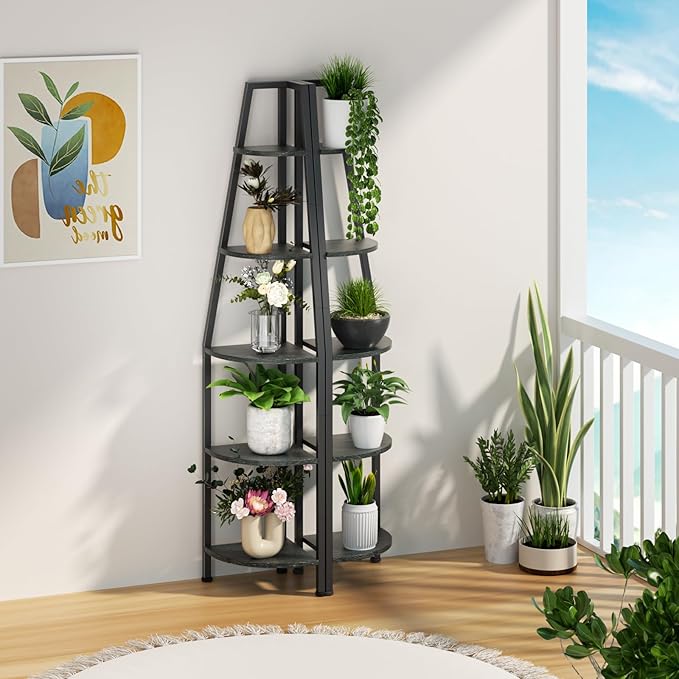 Furnulem 5 Tier Corner Shelf with LED Light, 67.2” Tall Standing Shelf for Wall Corner, Narrow Bookshelf Ladder Shelf for Bedroom, Living Room, Plant, Wood Storage Rack, Metal Frame (Black Oak)