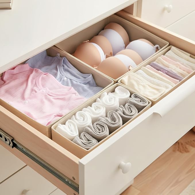 Drawer Organizer Set 4 Pack - Foldable 11" Fabric Storage Bins with Zipper Bottom for Underwear Socks Bras Baby Clothes - Closet Dresser Dividers for Bedroom Nursery, Light Grey