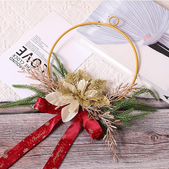 Christmas Metal Ring Wreath 7.28inch Metal Hoop with Floral Flowers Christmas Wreath with Red Bow Ribbon Floral for Front Door Winter Wall Decoration (Gold)