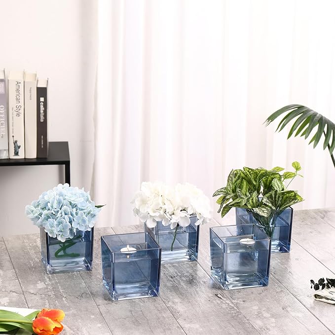 Square Glass Vases Set of 4, 4"x 4"x 4" Flower Vases for Centerpieces, Blue Glass Vase for Flowers, Small Vase for Wedding, Party, Home Office Decoration