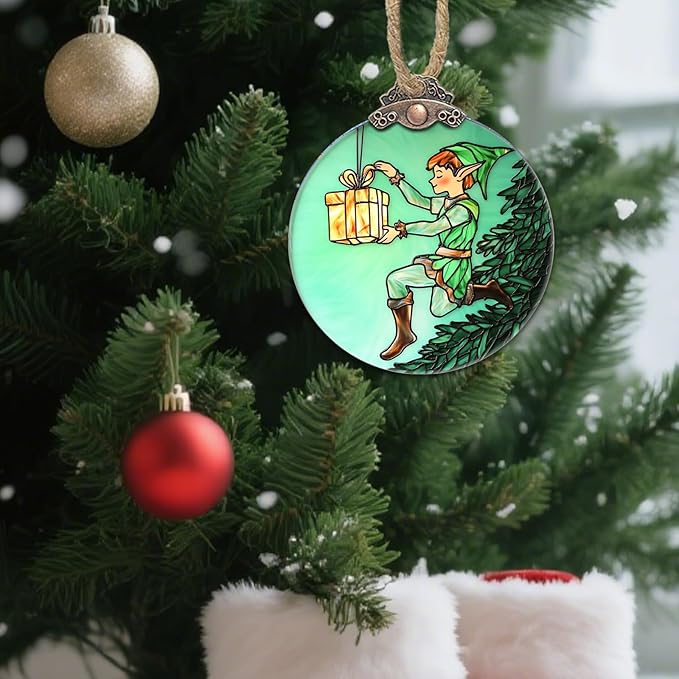 Stained Glass Christmas Decorations, Green Elf Prince Gift Suncatcher for Window Christmas Tree Hanging Ornaments Sun Catcher Xmas Decor Gifts for Women Men Mom Nana Friend Girl Boy