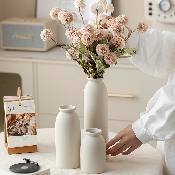 Ceramic Vase Set-3, 10.3 Inch Tall Flower Vases for Decor, Modern Boho Farmhouse Style, Decorative Vases for Pampas Grass & Dried Flowers, Distressed Finish (L Beige)