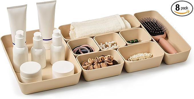 ISSEVE 8Pcs Nesting Silicone Drawer Organizer Trays, 4 Size Versatile Vanity Bathroom & Desk Drawer Organizer Set Storage Bins for Office,Kitchen,Nightstand,Beige