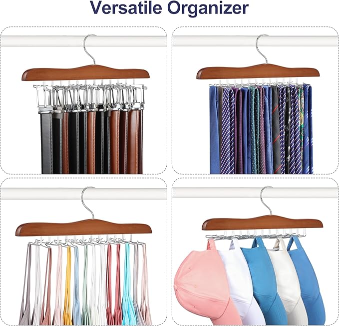TOPIA HANGER Tie Rack Hanger for Closet 2 Packs, Wooden Tie Organizer for Men with 24 Folding Hooks, Space Saving Necktie Holder for Storage and Display Bra, Tank Top, Camisole (Walnut)-CT14WA-2