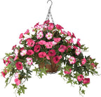 Artificial Fake Flowers Plants for Outdoors Spring Decoration, 2Pcs Faux Petunias with Greenery UV Resistant No Fade, Realistic Silk Flower for Outside Patio Planters Front Porch Window (Rose Red)