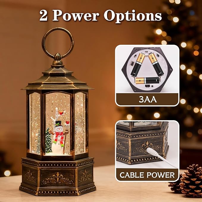 Christmas Snow Globes, 9.37" Snowman Glitter Water Lantern with 8 Songs, 6H Timer Battery & USB Powered Music Box for Christmas Decorations Indoor