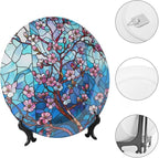 Stained Glass Theme Decorative Ceramic Plate Round Porcelain Plate,6 inch,Cherry Tree Pattern,for Decorative Ornaments Giving Plates, 1 Plate with 1 Display Stand,Blue Pink