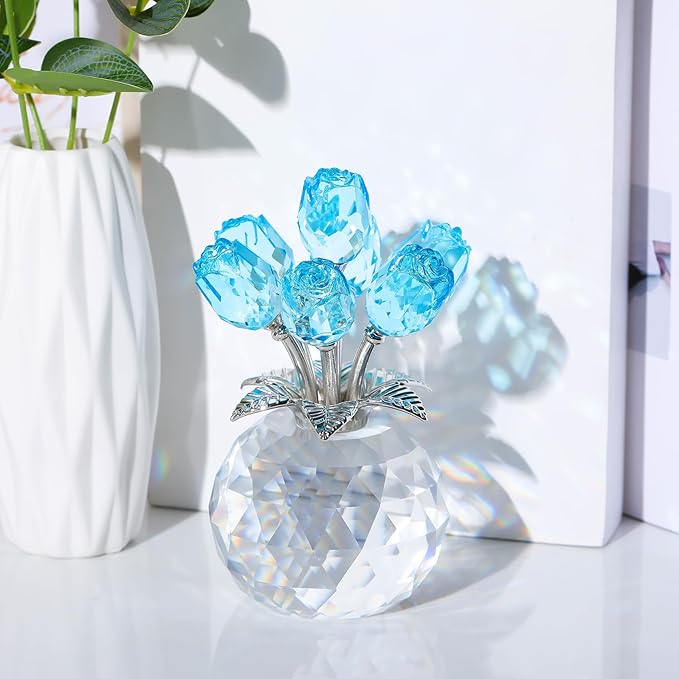 Arikyrist Crystal Lake Blue Rose Bouquet Figurine with Round Vase Gifts for Her, Glass Rose Flower Romantic Keepsakes for Women Mom on Christmas, Collectible Decoration Table Centerpiece for Home