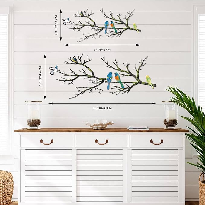 ESTART Metal Birds Wall Art, Metal Vivid Birds on Branch Silhouette Wall Decor Black Leaves with Bird Outdoor Hanging Wall Sculpture for Home Balcony Garden (Bright Color, Small)