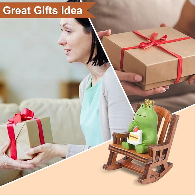 Miniature Frog Figurine Desk Decor, Cute Frog Statue, Mini Frog Garden Decor Resin, Funny Frog Figure Decorations Fairy Garden Accessories Gifts for Home,Office,Room Ornament(Chair Cake)