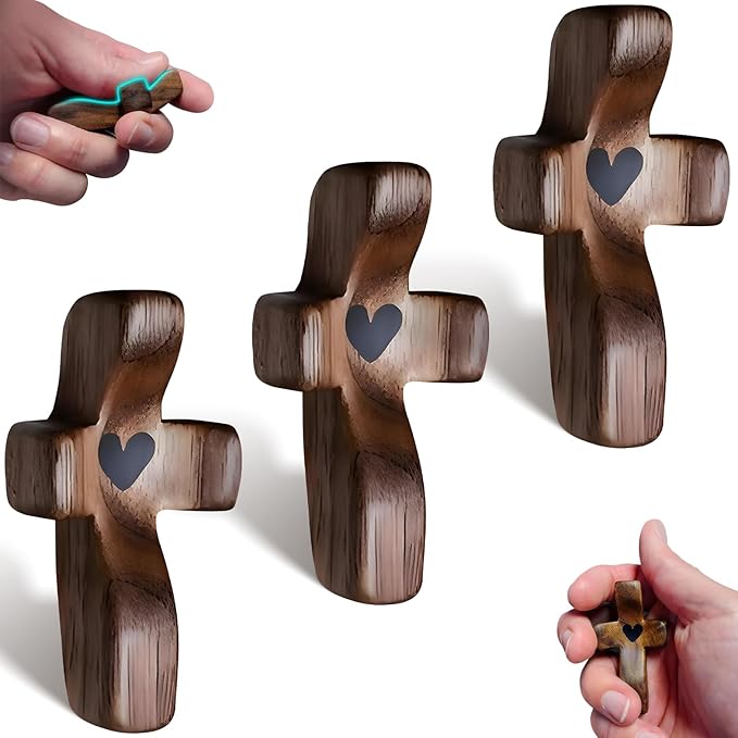 Cross My Heart,Wooden Cross Fidget,Encouragement Gift Stress Relief,Prayer Cross for Hand,Pocket Cross Christian Gifts for Women and Adults(Black 3Pcs