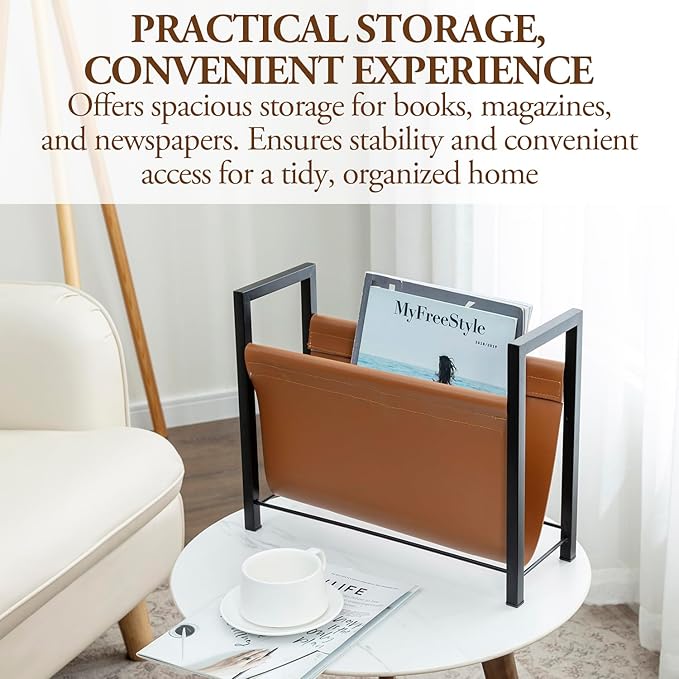 MyGift 15 Inch Modern Caramel Leatherette Magazine Holder with Rectangular Black Metal Frame, Floor Standing Faux Leather Book Storage Newspaper Rack, Home Bathroom Decor