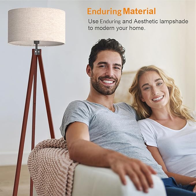 LEPOWER Wood Tripod Floor Lamp, Mid Century Standing Lamp, Modern Design Studying Light for Living Room, Bedroom, Study and Office, Flaxen Linen Shade with E26 Base Brown