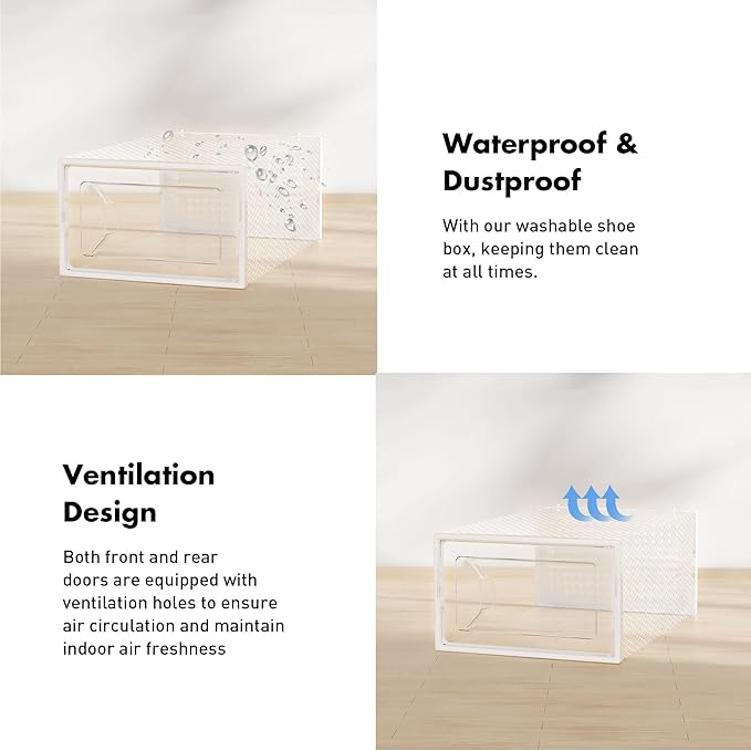 Shoe Storage Box, 15 Pack Clear Plastic Stackable Shoe Organizer for Closet, Interlocking Design Shoe Container Bins for Sneakers, Foldable Shoe Rack with Lids, White