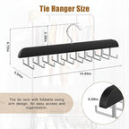 Tie Rack Hanger for Closet, 2 in 1 Belt Tie Hangers with 20 Folding Hooks, 360 Degree Rotating Wooden Tie Holder Organizer for Men Ties Belts Scarves Tank Tops Accessories, Black (1 Pack)