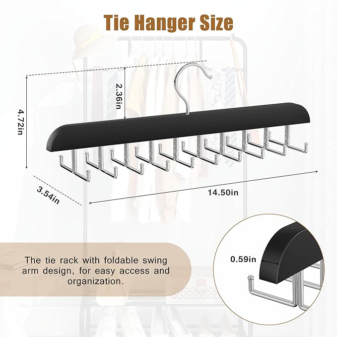 Tie Rack Hanger for Closet, 2 in 1 Belt Tie Hangers with 20 Folding Hooks, 360 Degree Rotating Wooden Tie Holder Organizer for Men Ties Belts Scarves Tank Tops Accessories, Black (1 Pack)