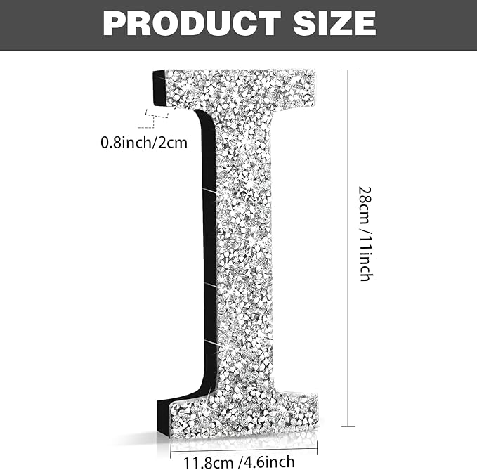 Qunclay 12'' Silver Crystal Diamond Bling Letters Crushed Diamond Decoration Wooden Glitter Letter with Screw and Hooks Rhinestone Gift for Wedding Y2k Mcbling Bedroom Wall Decor (Letter I)
