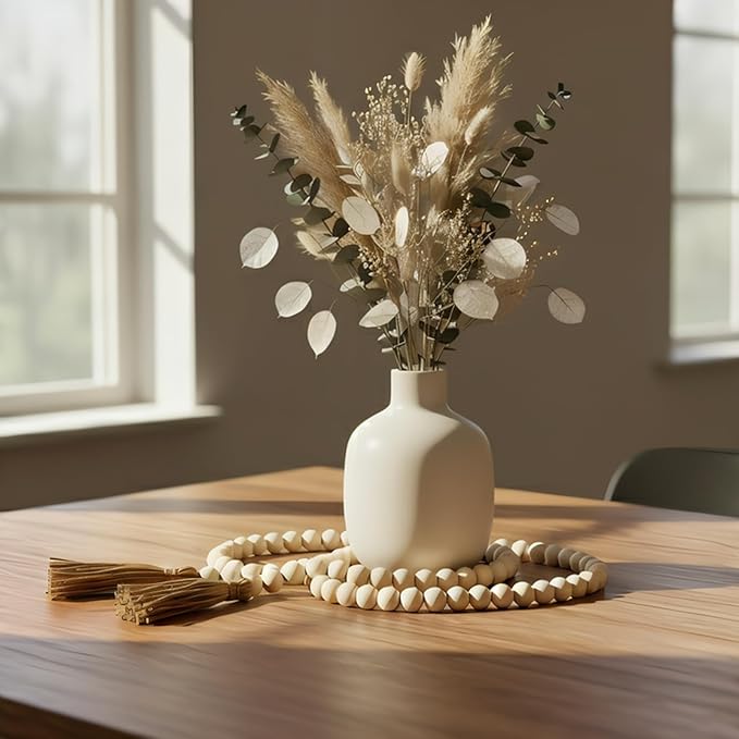 Farmhouse Beads, 59in Wood Bead Garland with Tassels, Bookshelf Decor for Tiered Tray, Decorative Tassel for Tier Tray, Rustic Beads Centerpiece Boho Table Decor, Beaded Accent White Washed
