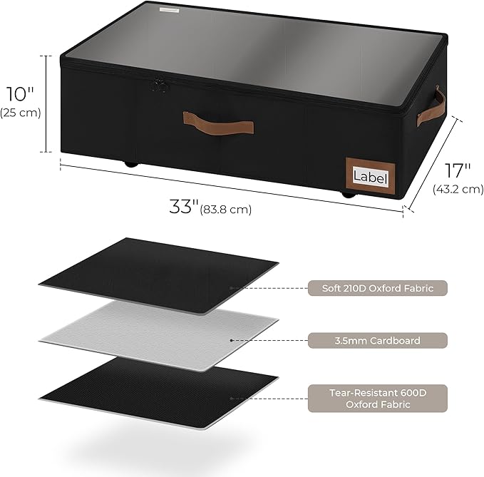 StorageWorks Under Bed Storage with Wheels, 10" Underbed Storage Containers with Lid, 90L Clothes Organizer for Blankets, Sweaters, Bedding, 2-Pack, Black