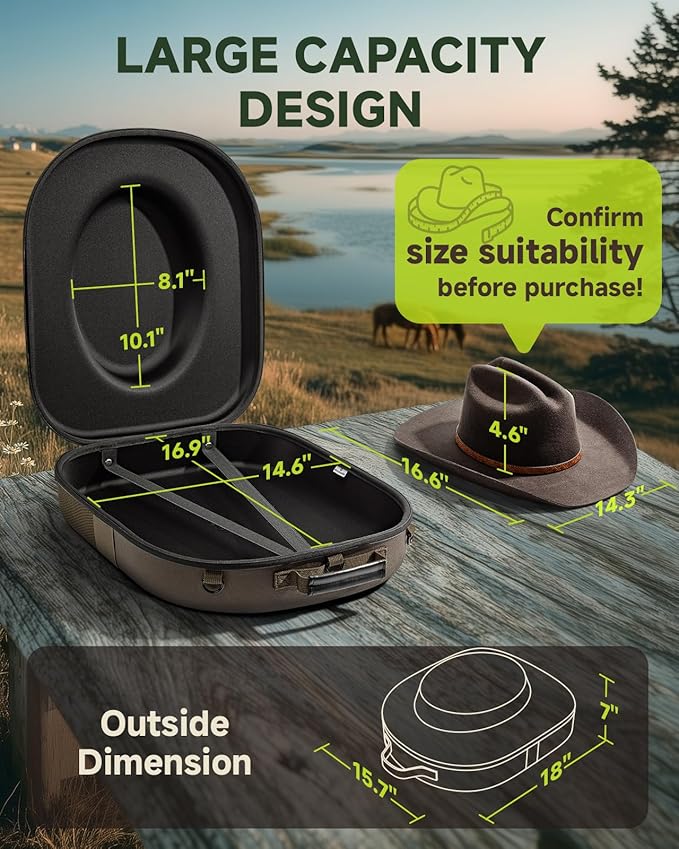 Cowboy Hat Box, Cowboy Hat Case for Travel, Crush Proof Storage for Western/Panama/Fedora, Carrier with Adjustable Shoulder Strap & Brush