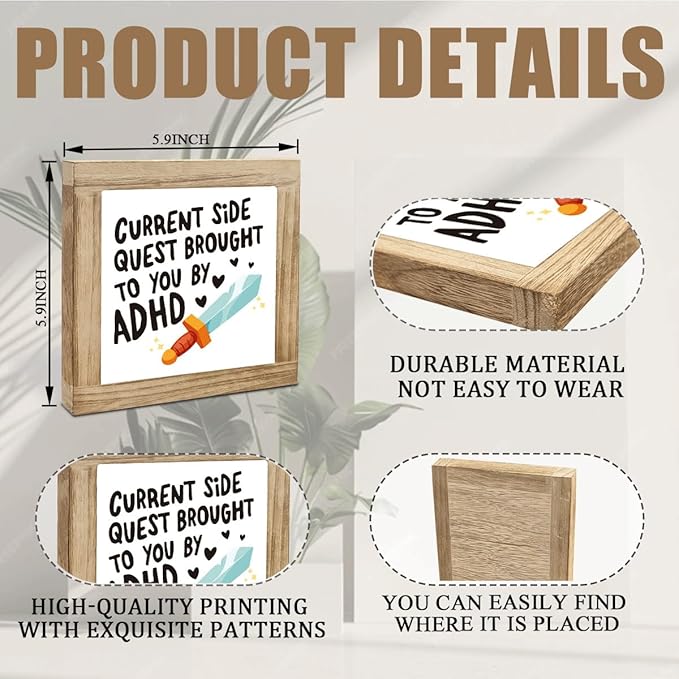 Adhd Side Quest Sign, Funny Wood Box Sign, Country Farmhouse Style Wood Box Decor Signs, Funny Gift For Friend Colleague, Farmhouse Home Office Decor