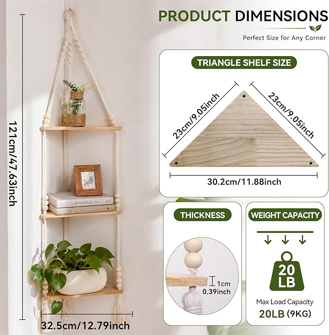 Artilady Macrame Corner Shelf Wall Hanging 3-Tier, Adjustable Boho Wood Plant Shelves Display for Indoor Candle Holder, Bedroom Living Room Home Decor (Beige 3-Tier Beads)