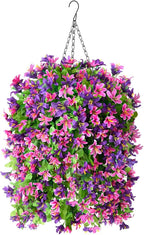 INQCMY Artificial Hanging Flowers Decoration, 4pcs Fake Floral Basket Plants for Outdoor Porch, Faux Shrubs Home Spring Decor UV Resistant Potted Violets for Outside Garden No Fade