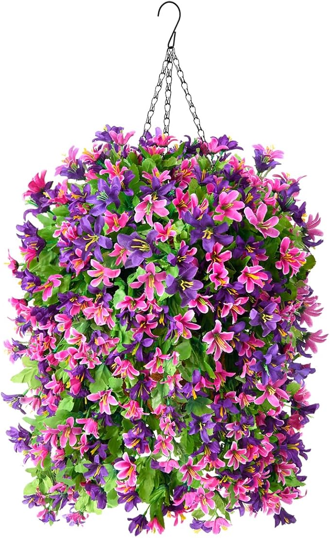 INQCMY Artificial Hanging Flowers Decoration, 4pcs Fake Floral Basket Plants for Outdoor Porch, Faux Shrubs Home Spring Decor UV Resistant Potted Violets for Outside Garden No Fade