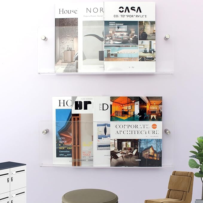 2 Pack Clear Acrylic Magazine Holder, Wall Mount Hanging Bookshelf Literature Storage Rack, Brochure File Display Shelf for Waiting Room, Living Room, Office, Home