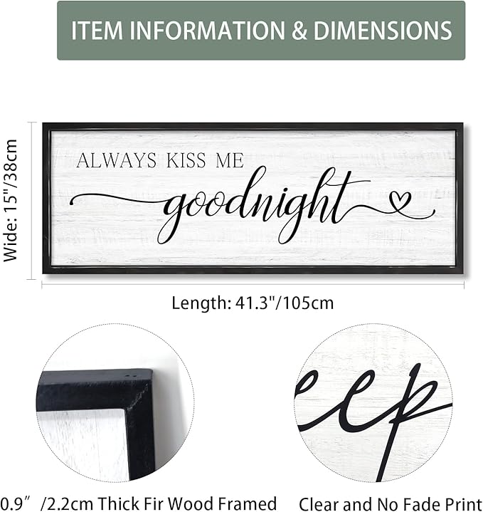 Always Kiss Me Goodnight Wall Sign Above Bed 41.3''×15'' Large Farmhouse Wall Decor for Bedroom Couples Room Decor Framed Wood Wall Art Rustic Master Bedroom Wall Decoration (black frame)