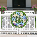 [Lighted & Timer] 24" Spring Summer Wreaths for Front Door Blue Hydrangea Wreath with Lights Butterfly Rose Daisies Artificial Floral Wreath for Home Wall Window Farmhouse Wedding Indoor Outdoor Decor