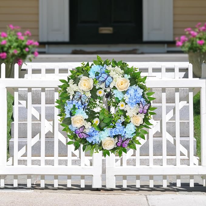 [Lighted & Timer] 24" Spring Summer Wreaths for Front Door Blue Hydrangea Wreath with Lights Butterfly Rose Daisies Artificial Floral Wreath for Home Wall Window Farmhouse Wedding Indoor Outdoor Decor