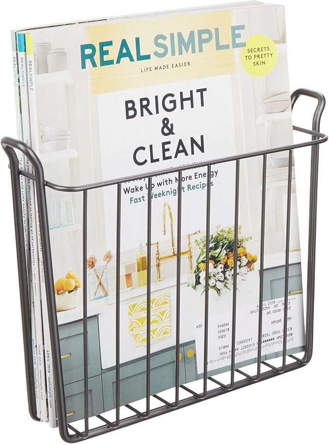 mDesign Metal Wall Mount Decorative Magazine Rack Organizer Bin Holder, Basket for Living Room, Bathroom, Bedroom, Home Office - Holds Books, Newspapers, Tablets - Concerto Collection - Graphite Gray