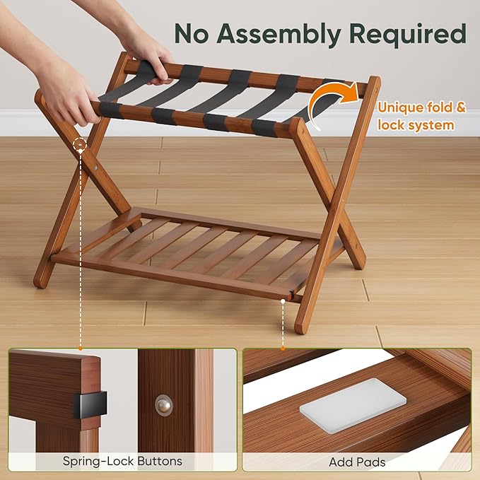 Luggage Racks Set of 2, Fully Assembled Suitcase Stand with Shoe Shelf, Foldable Bamboo Luggage Rack for Guest Room, Bedroom, Hotel, Walnut