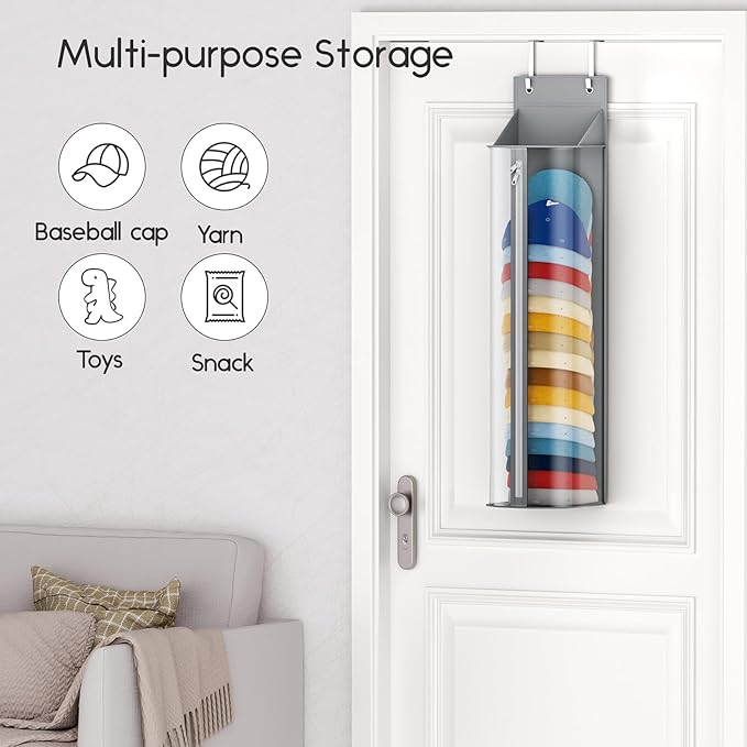 Hat Rack for Door and Closet – Large Capacity Hanging Hat Rack Organizer Holds 30-35 Caps, Over the Door Hat Storage Organizer for Bedroom, Entrance or Dorm, 1 Pack, Grey