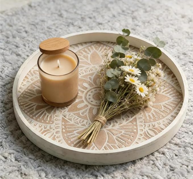 Hanobe Decorative Serving Tray Round: 2Pcs Farmhouse Coffee Table Decor with White Boho Bead Garland - Mandala Trays for Living Room Kitchen Display