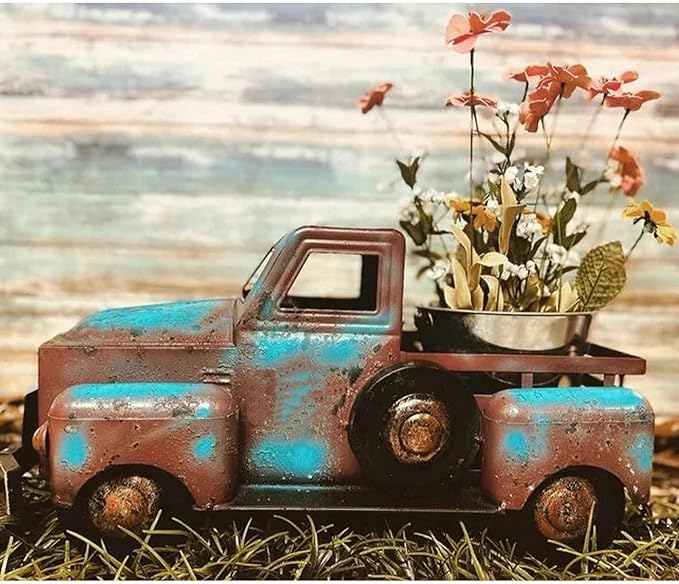 Creative Small Truck Flower Pot, Home Decor Collectible Vehicles Vintage Mini Car Statue Farmhouse Truck Decor Table Top Decor Little Blue Truck for Props Gifts