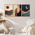 SIGNINART Boho Mid Century Modern Framed Canvas Wall Art, Bohemian Geometric Wall Decor, Abstract Sun and Moon Artwork,Beige and Black Wooden Art Paintings for Living Room Bedroom Office 24"x36"x3